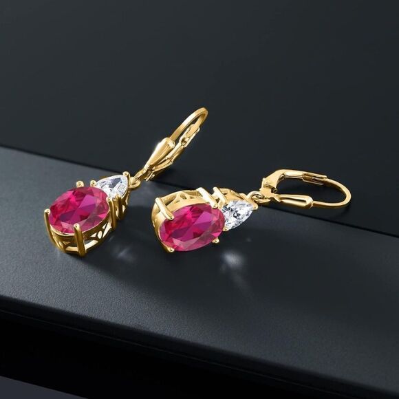 18k Yellow Gold Ruby & Diamond Drop Earrings – Brown  18K Yellow Gold 6.54 Cttw Ruby and White Diamond Cubic Zirconia Drop Earrings